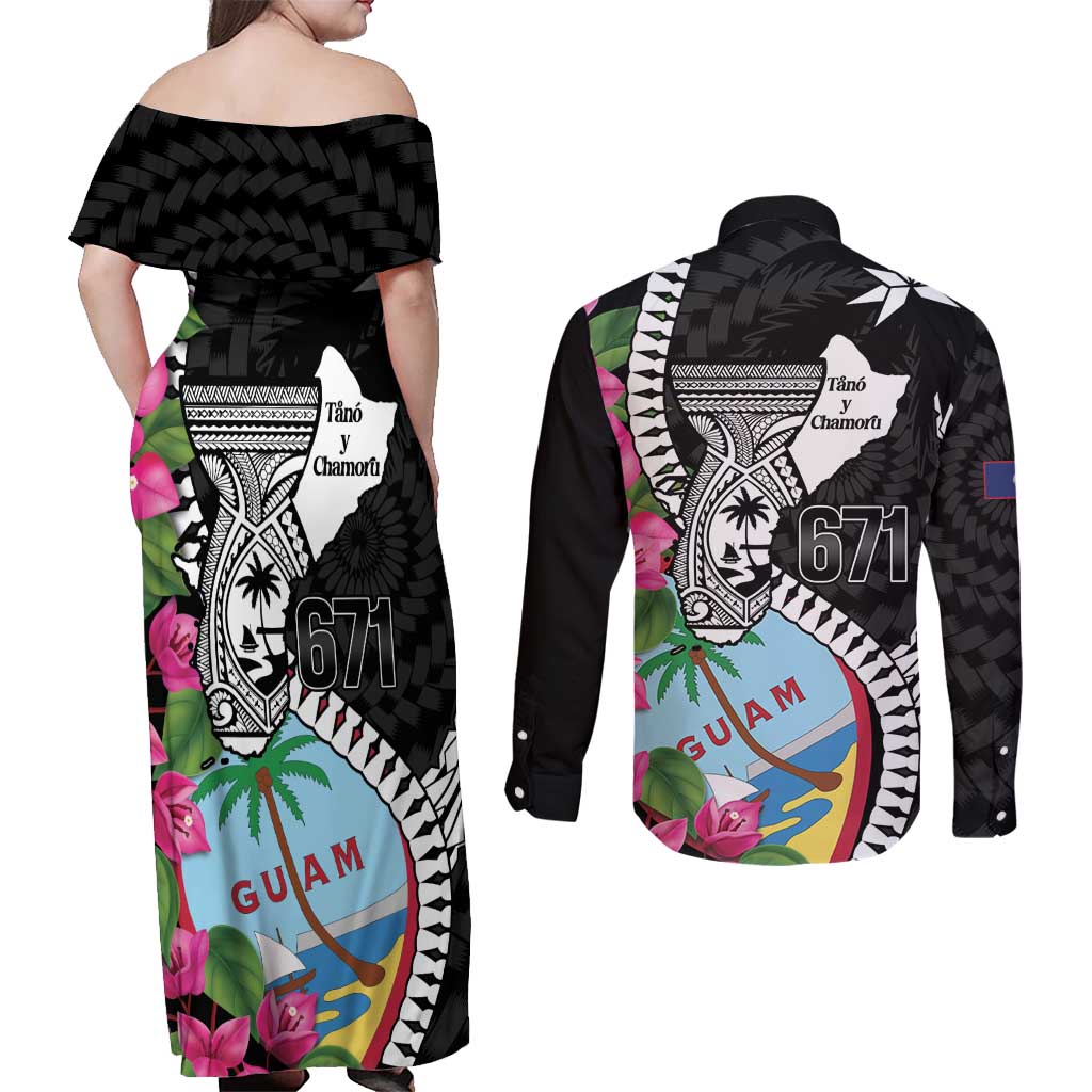 Biba Guam Liberation Day Couples Matching Off Shoulder Maxi Dress and Long Sleeve Button Shirt Tano y Chamoru Latte Stone Black LT14 - Polynesian Pride