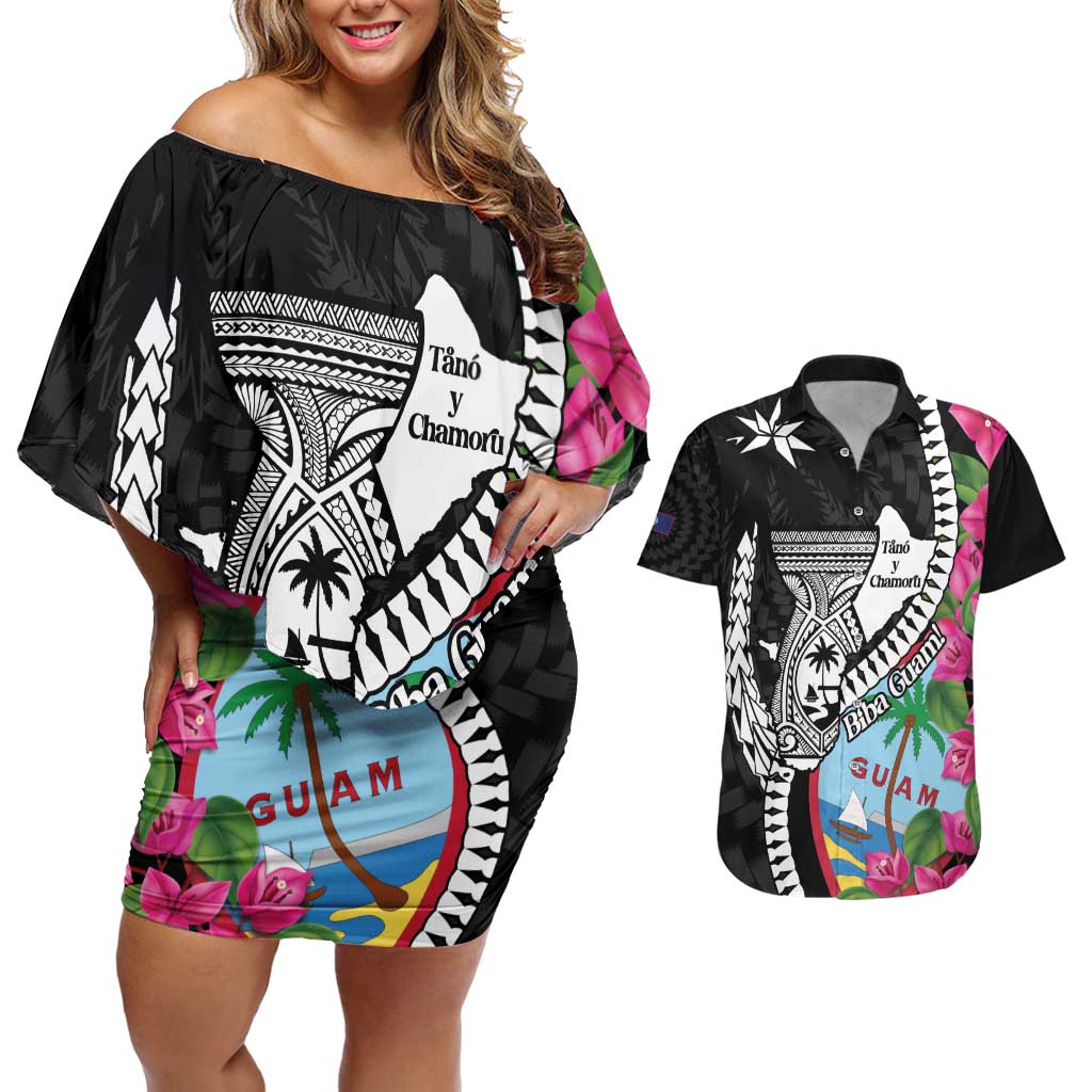 Biba Guam Liberation Day Couples Matching Off Shoulder Short Dress and Hawaiian Shirt Tano y Chamoru Latte Stone Black LT14 Black - Polynesian Pride