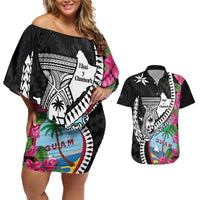 Biba Guam Liberation Day Couples Matching Off Shoulder Short Dress and Hawaiian Shirt Tano y Chamoru Latte Stone Black LT14 Black - Polynesian Pride