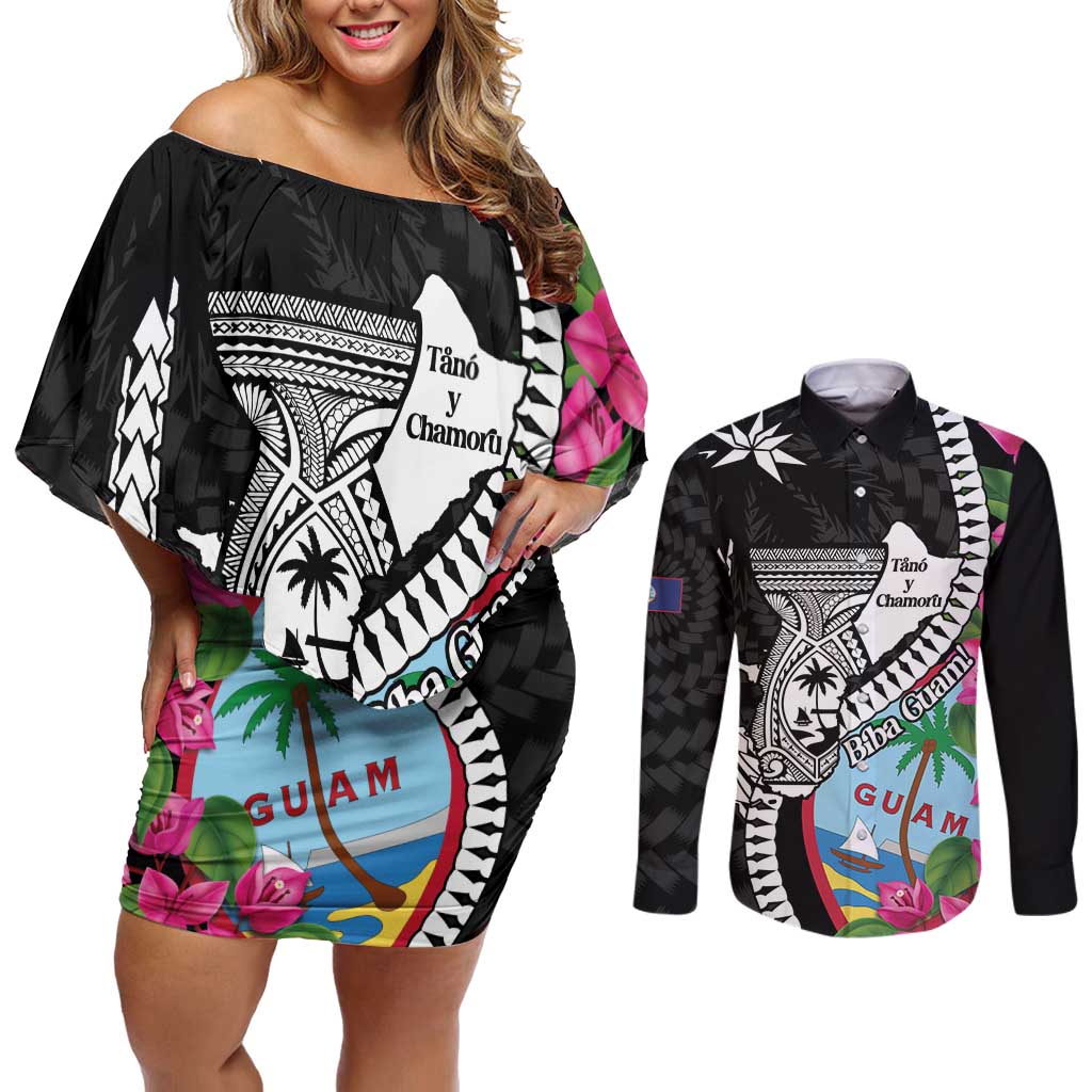 Biba Guam Liberation Day Couples Matching Off Shoulder Short Dress and Long Sleeve Button Shirt Tano y Chamoru Latte Stone Black LT14 Black - Polynesian Pride