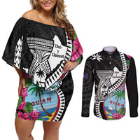 Biba Guam Liberation Day Couples Matching Off Shoulder Short Dress and Long Sleeve Button Shirt Tano y Chamoru Latte Stone Black LT14 Black - Polynesian Pride