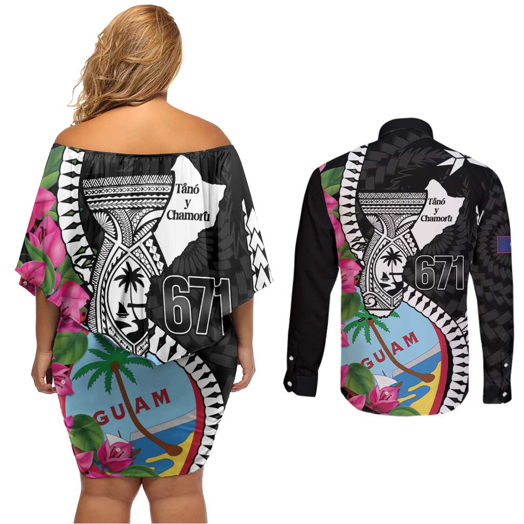 Biba Guam Liberation Day Couples Matching Off Shoulder Short Dress and Long Sleeve Button Shirt Tano y Chamoru Latte Stone Black LT14 - Polynesian Pride