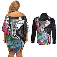Biba Guam Liberation Day Couples Matching Off Shoulder Short Dress and Long Sleeve Button Shirt Tano y Chamoru Latte Stone Black LT14 - Polynesian Pride