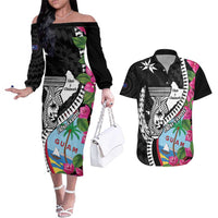 Biba Guam Liberation Day Couples Matching Off The Shoulder Long Sleeve Dress and Hawaiian Shirt Tano y Chamoru Latte Stone Black LT14 Black - Polynesian Pride