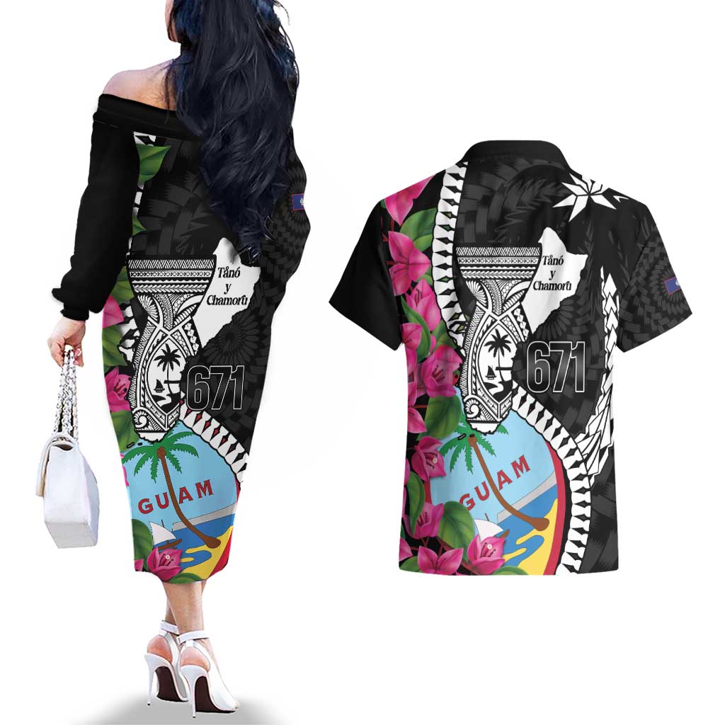 Biba Guam Liberation Day Couples Matching Off The Shoulder Long Sleeve Dress and Hawaiian Shirt Tano y Chamoru Latte Stone Black LT14 - Polynesian Pride