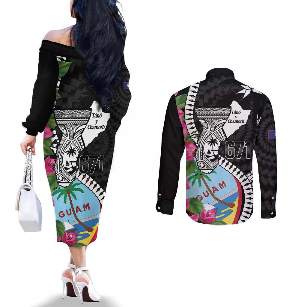Biba Guam Liberation Day Couples Matching Off The Shoulder Long Sleeve Dress and Long Sleeve Button Shirt Tano y Chamoru Latte Stone Black LT14 - Polynesian Pride