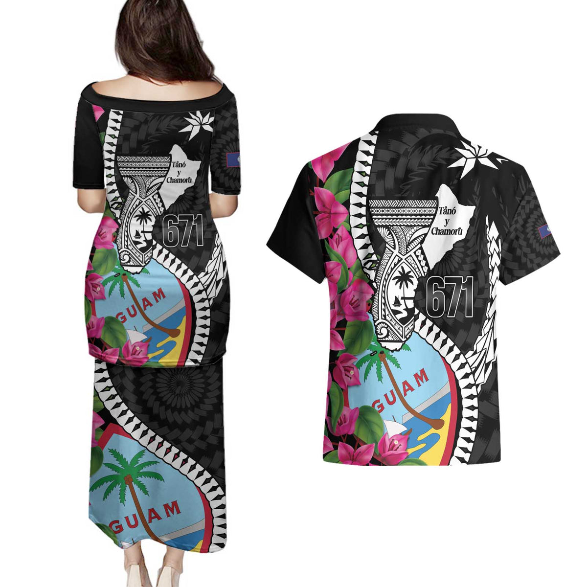 Biba Guam Liberation Day Couples Matching Puletasi and Hawaiian Shirt Tano y Chamoru Latte Stone Black LT14 - Polynesian Pride