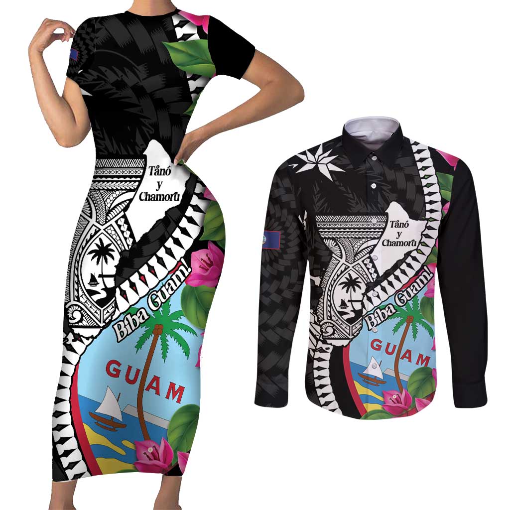 Biba Guam Liberation Day Couples Matching Short Sleeve Bodycon Dress and Long Sleeve Button Shirt Tano y Chamoru Latte Stone Black LT14 Black - Polynesian Pride