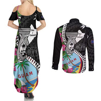 Biba Guam Liberation Day Couples Matching Summer Maxi Dress and Long Sleeve Button Shirt Tano y Chamoru Latte Stone Black LT14 - Polynesian Pride