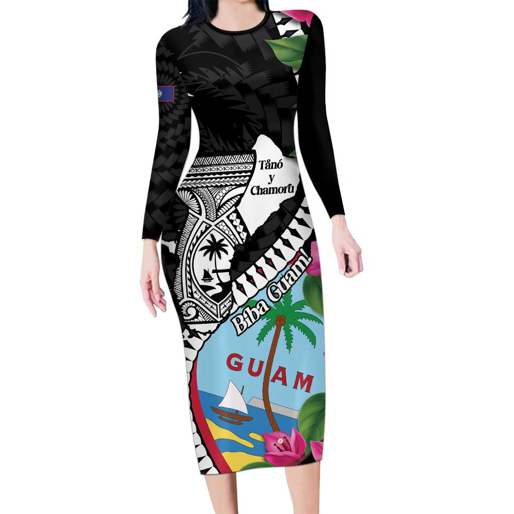 Biba Guam Liberation Day Family Matching Long Sleeve Bodycon Dress and Hawaiian Shirt Tano y Chamoru Latte Stone Black LT14 Mom's Dress Black - Polynesian Pride