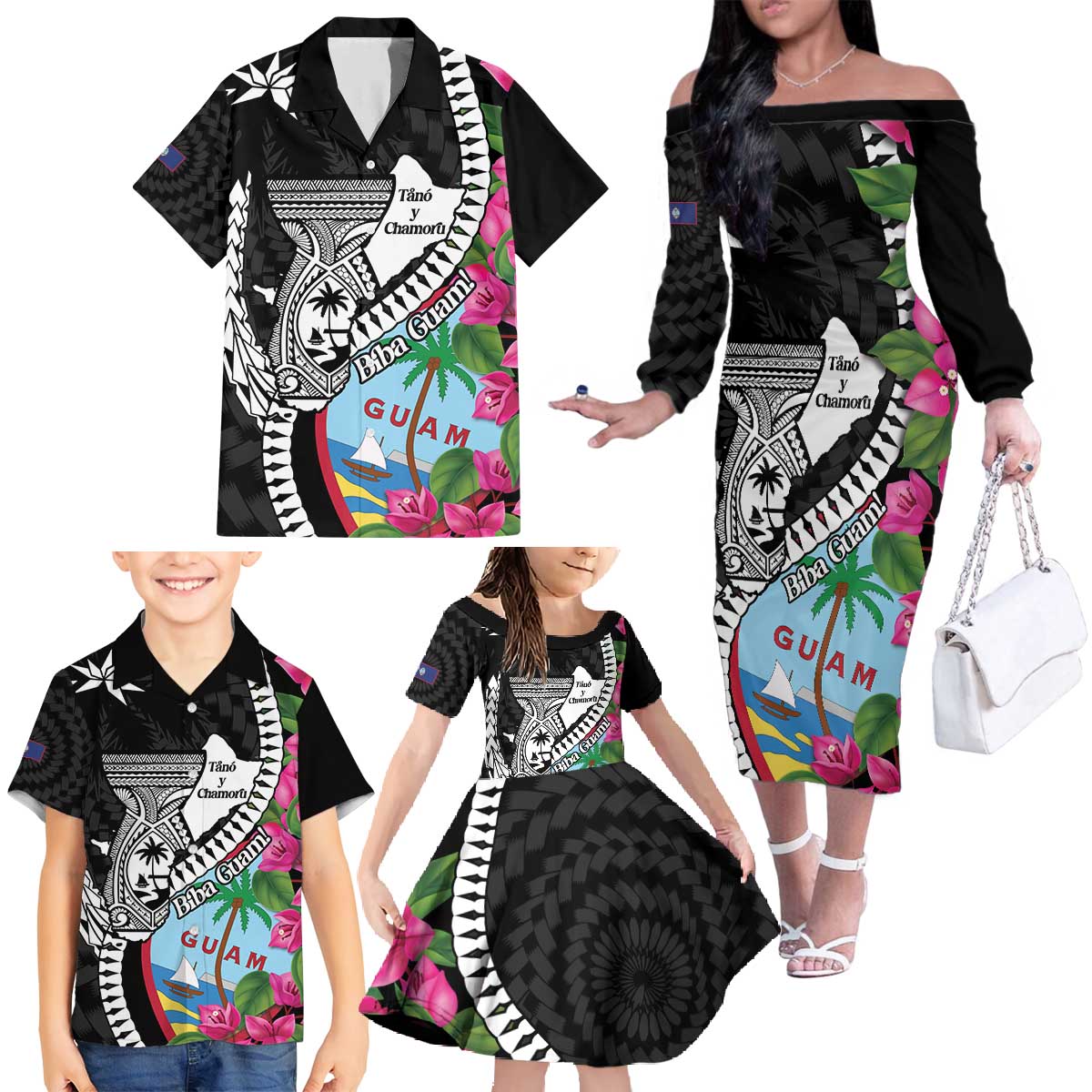 Biba Guam Liberation Day Family Matching Off The Shoulder Long Sleeve Dress and Hawaiian Shirt Tano y Chamoru Latte Stone Black LT14 - Polynesian Pride