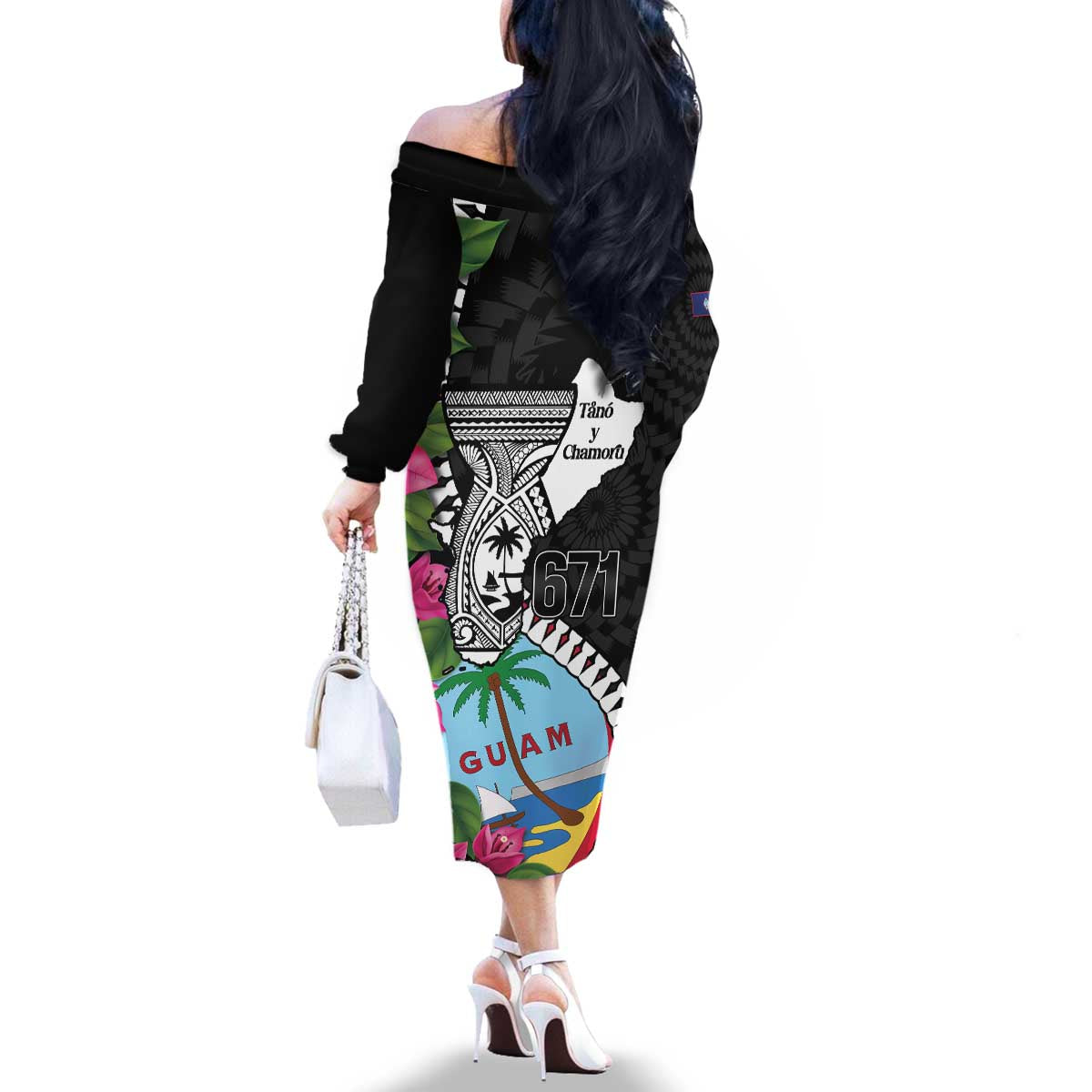 Biba Guam Liberation Day Family Matching Off The Shoulder Long Sleeve Dress and Hawaiian Shirt Tano y Chamoru Latte Stone Black LT14 - Polynesian Pride