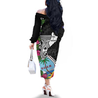 Biba Guam Liberation Day Family Matching Off The Shoulder Long Sleeve Dress and Hawaiian Shirt Tano y Chamoru Latte Stone Black LT14 - Polynesian Pride