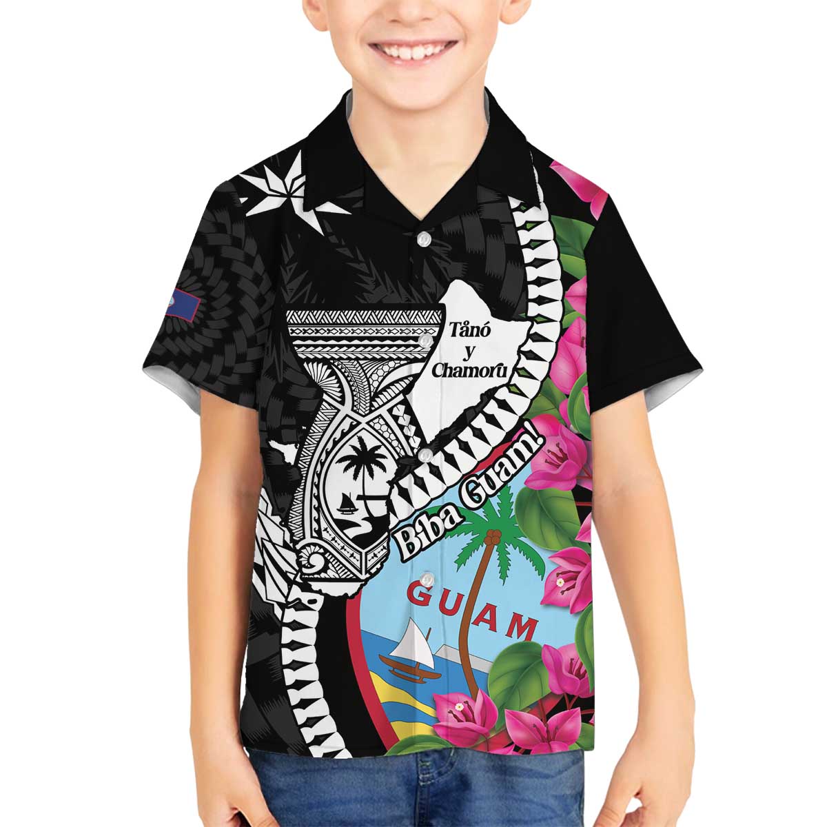 Biba Guam Liberation Day Family Matching Off The Shoulder Long Sleeve Dress and Hawaiian Shirt Tano y Chamoru Latte Stone Black LT14 Son's Shirt Black - Polynesian Pride