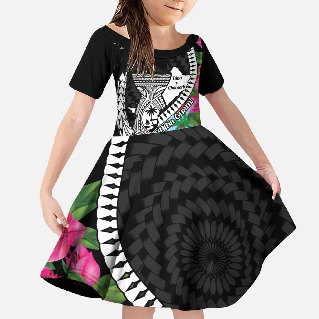 Biba Guam Liberation Day Family Matching Off Shoulder Maxi Dress and Hawaiian Shirt Tano y Chamoru Latte Stone Black LT14 Daughter's Dress Black - Polynesian Pride