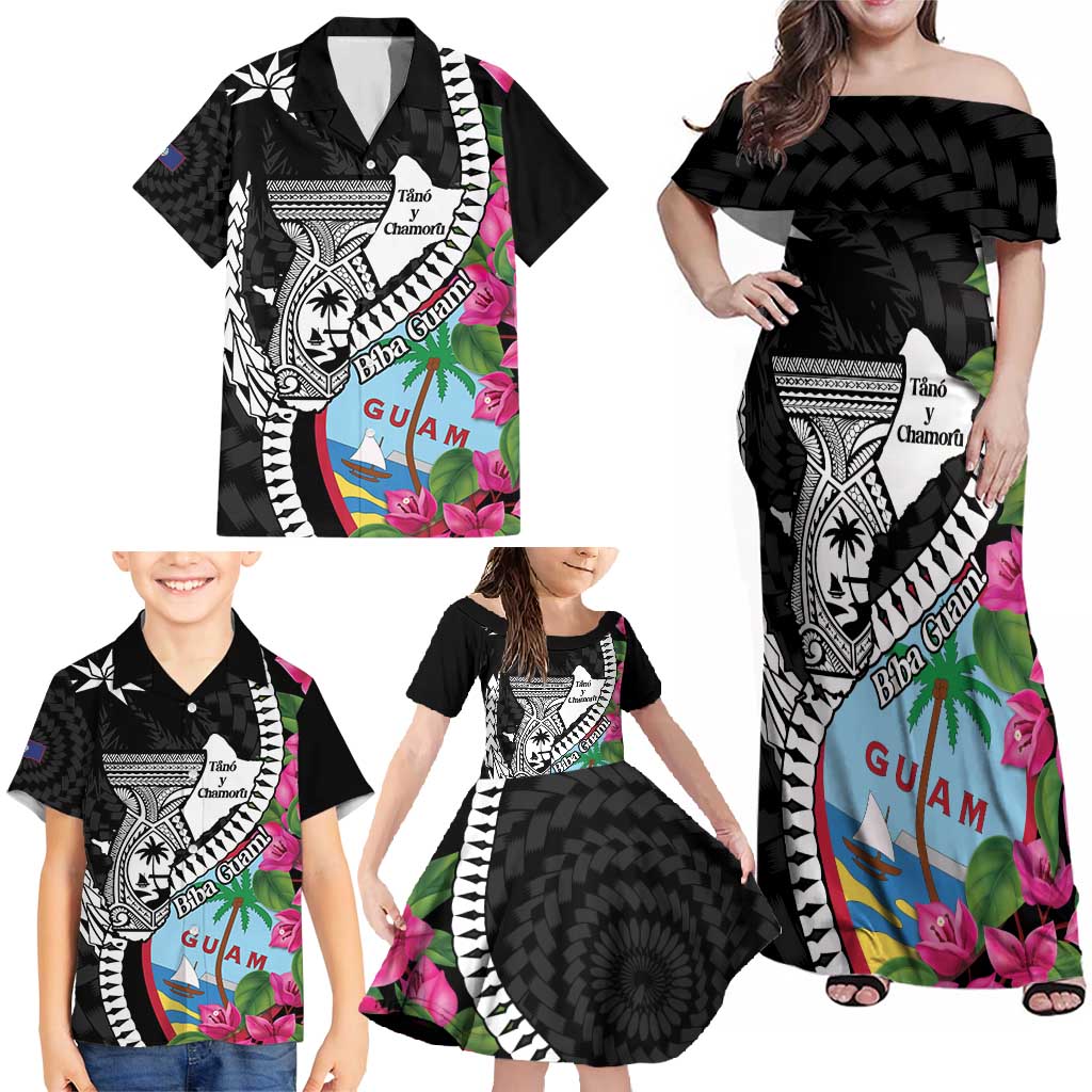Biba Guam Liberation Day Family Matching Off Shoulder Maxi Dress and Hawaiian Shirt Tano y Chamoru Latte Stone Black LT14 - Polynesian Pride
