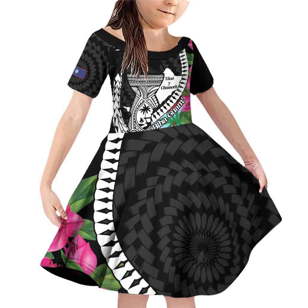 Biba Guam Liberation Day Family Matching Off Shoulder Short Dress and Hawaiian Shirt Tano y Chamoru Latte Stone Black LT14 Daughter's Dress Black - Polynesian Pride