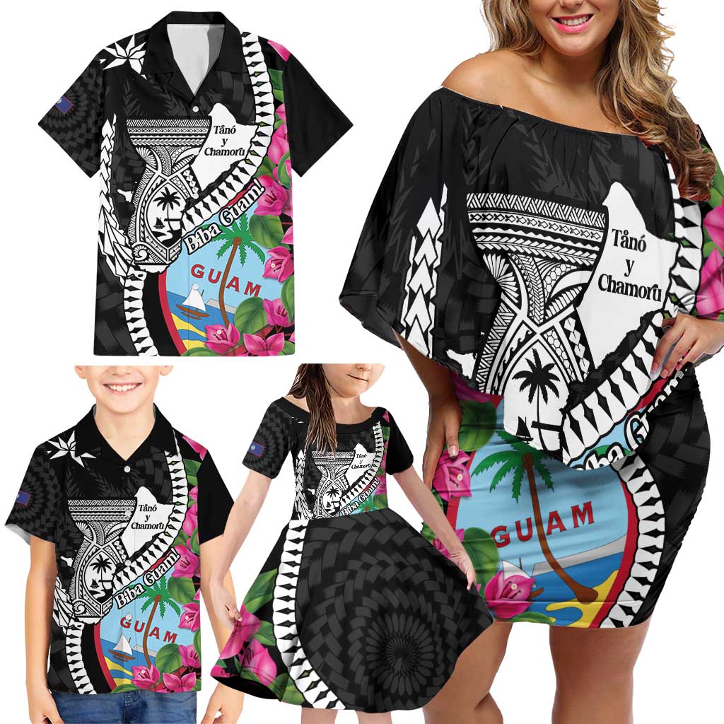 Biba Guam Liberation Day Family Matching Off Shoulder Short Dress and Hawaiian Shirt Tano y Chamoru Latte Stone Black LT14 - Polynesian Pride