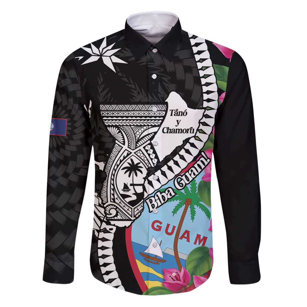 Biba Guam Liberation Day Family Matching Puletasi and Hawaiian Shirt Tano y Chamoru Latte Stone Black LT14 Dad's Shirt - Long Sleeve Black - Polynesian Pride