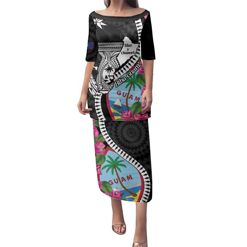 Biba Guam Liberation Day Family Matching Puletasi and Hawaiian Shirt Tano y Chamoru Latte Stone Black LT14 Mom's Dress Black - Polynesian Pride