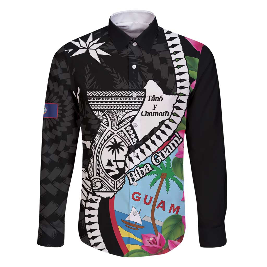 Biba Guam Liberation Day Family Matching Tank Maxi Dress and Hawaiian Shirt Tano y Chamoru Latte Stone Black LT14 Dad's Shirt - Long Sleeve Black - Polynesian Pride