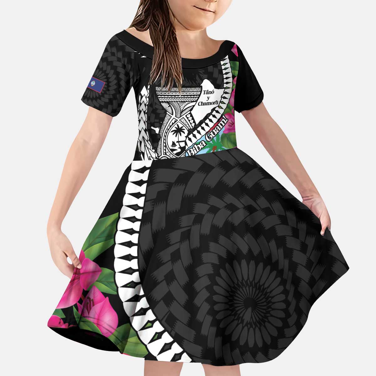 Biba Guam Liberation Day Kid Short Sleeve Dress Tano y Chamoru Latte Stone Black