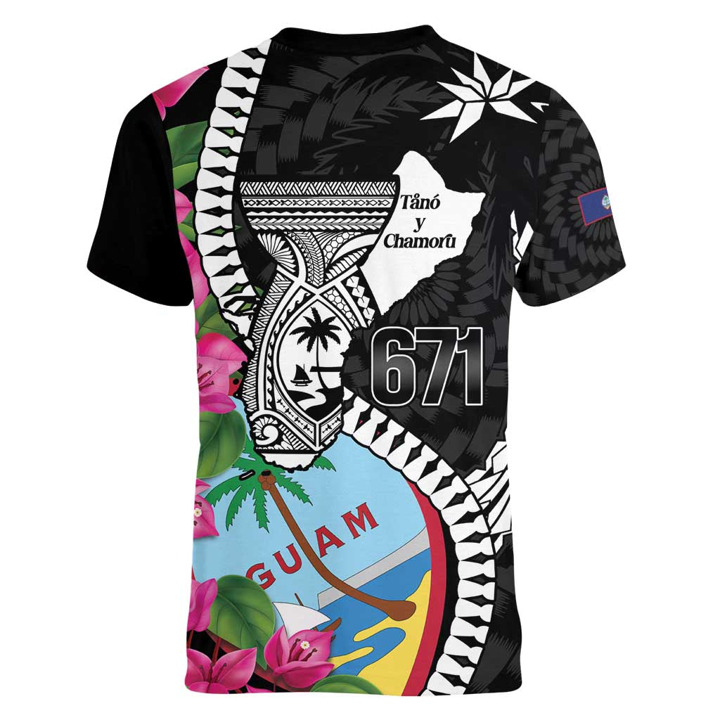 Biba Guam Liberation Day Women V-Neck T-Shirt Tano y Chamoru Latte Stone Black LT14 - Polynesian Pride