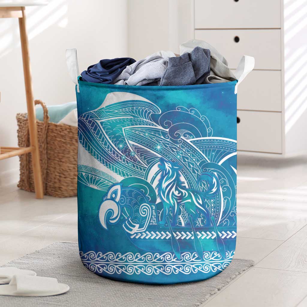 Kuri Dog Waka New Zealand Matariki Laundry Basket Ocean Sharks Maori Tattoo LT14 Blue - Polynesian Pride