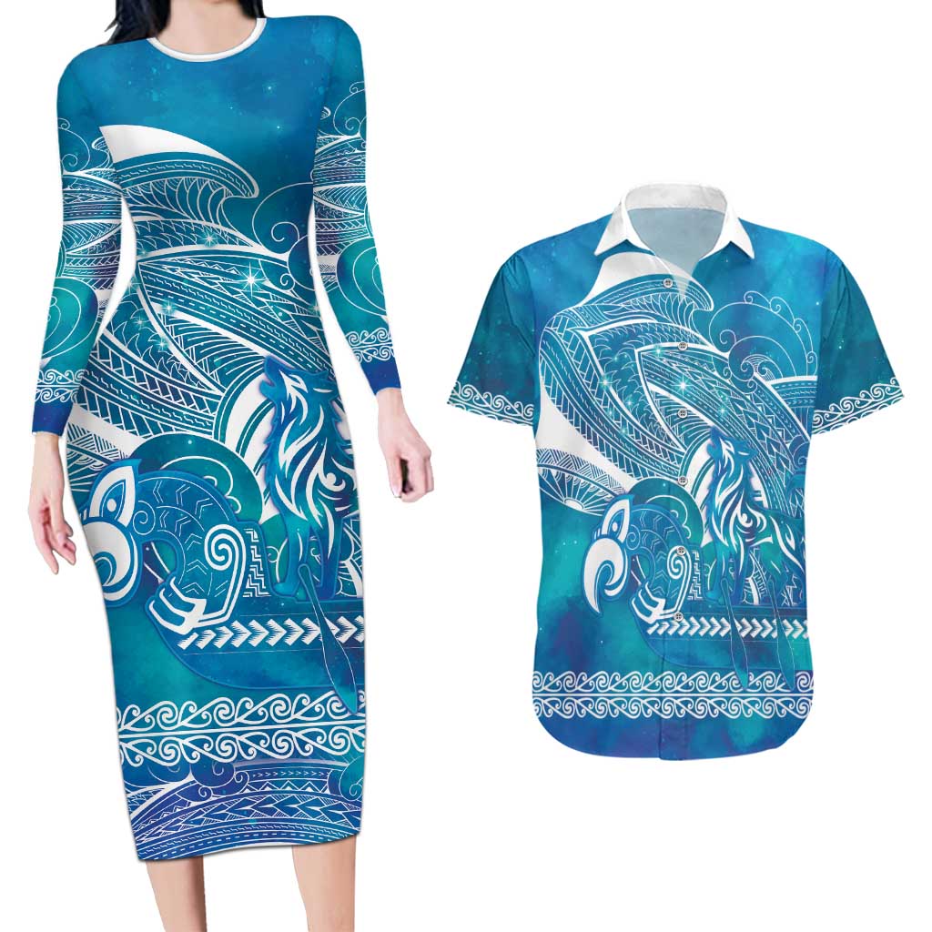 Kuri Dog Waka New Zealand Matariki Couples Matching Long Sleeve Bodycon Dress and Hawaiian Shirt Ocean Sharks Maori Tattoo