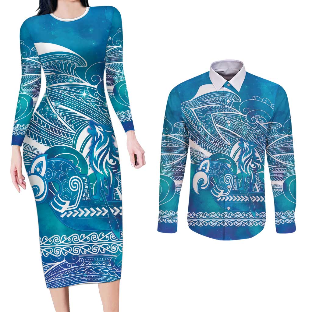 Kuri Dog Waka New Zealand Matariki Couples Matching Long Sleeve Bodycon Dress and Long Sleeve Button Shirt Ocean Sharks Maori Tattoo LT14 Blue - Polynesian Pride
