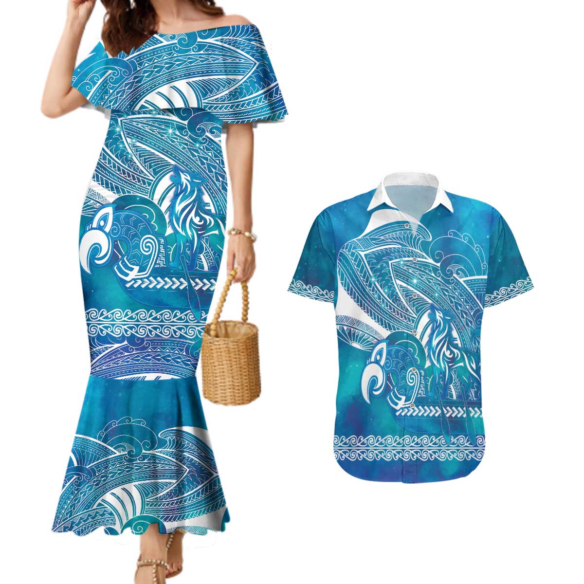 Kuri Dog Waka New Zealand Matariki Couples Matching Mermaid Dress and Hawaiian Shirt Ocean Sharks Maori Tattoo LT14 Blue - Polynesian Pride