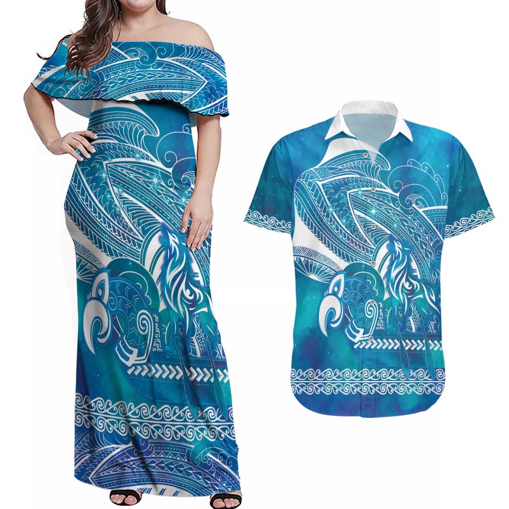 Kuri Dog Waka New Zealand Matariki Couples Matching Off Shoulder Maxi Dress and Hawaiian Shirt Ocean Sharks Maori Tattoo LT14 Blue - Polynesian Pride