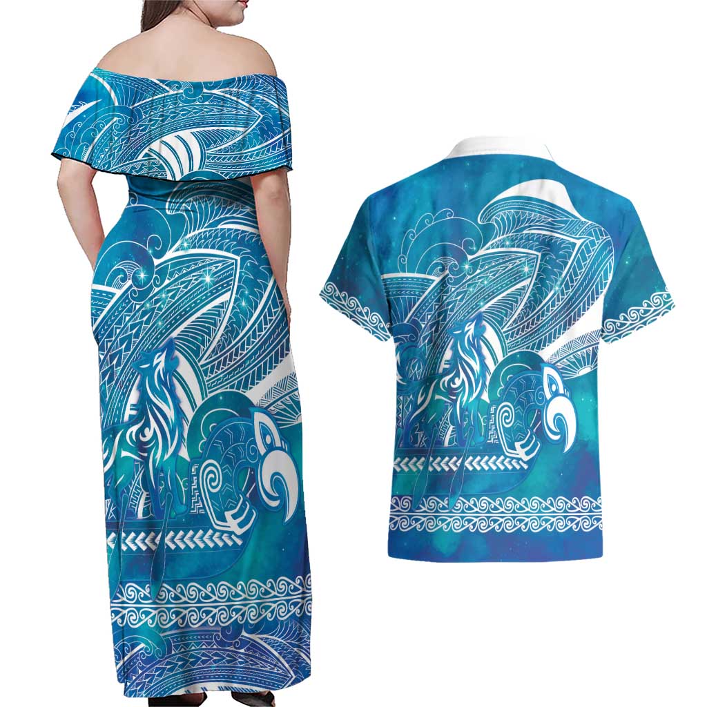 Kuri Dog Waka New Zealand Matariki Couples Matching Off Shoulder Maxi Dress and Hawaiian Shirt Ocean Sharks Maori Tattoo LT14 - Polynesian Pride
