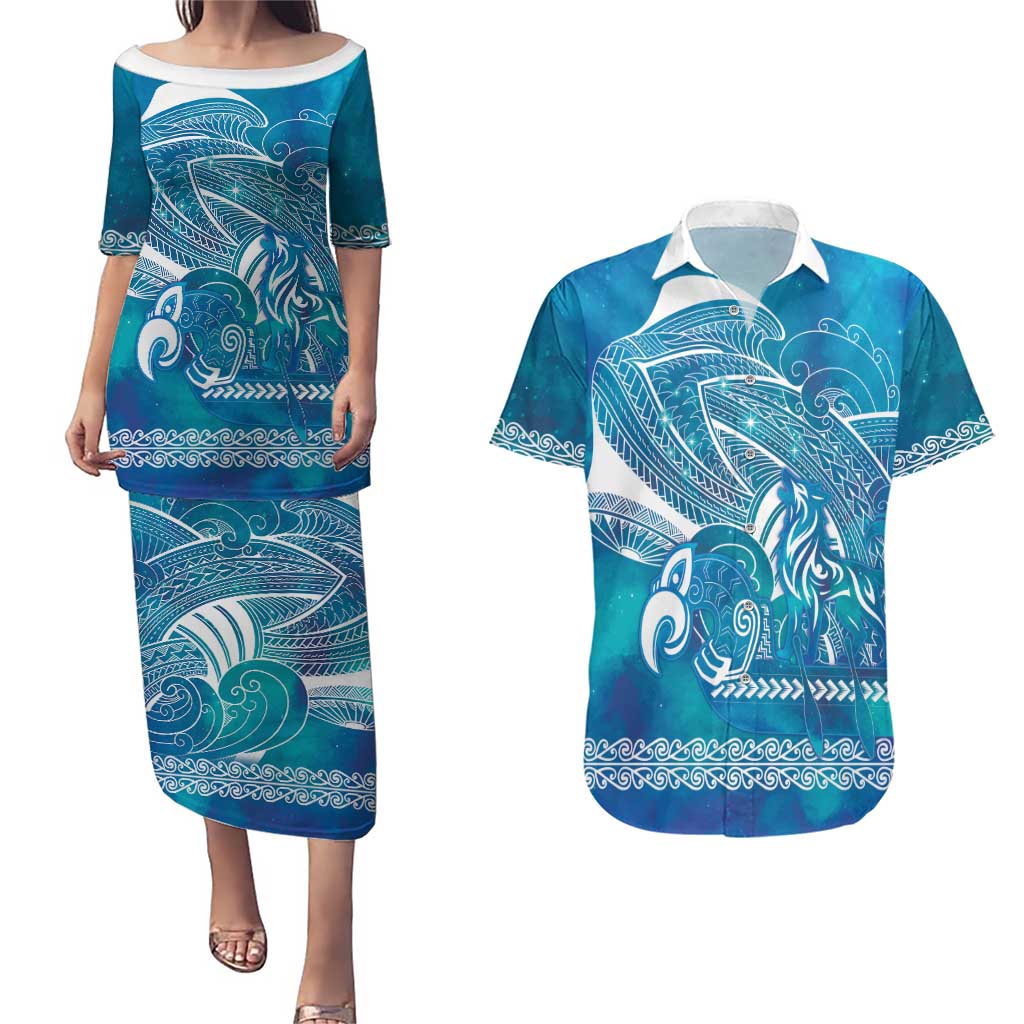 Kuri Dog Waka New Zealand Matariki Couples Matching Puletasi and Hawaiian Shirt Ocean Sharks Maori Tattoo LT14 Blue - Polynesian Pride