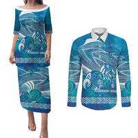 Kuri Dog Waka New Zealand Matariki Couples Matching Puletasi and Long Sleeve Button Shirt Ocean Sharks Maori Tattoo LT14 Blue - Polynesian Pride