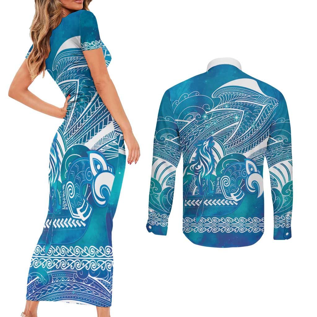 Kuri Dog Waka New Zealand Matariki Couples Matching Short Sleeve Bodycon Dress and Long Sleeve Button Shirt Ocean Sharks Maori Tattoo LT14 - Polynesian Pride