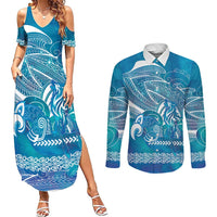 Kuri Dog Waka New Zealand Matariki Couples Matching Summer Maxi Dress and Long Sleeve Button Shirt Ocean Sharks Maori Tattoo LT14 Blue - Polynesian Pride
