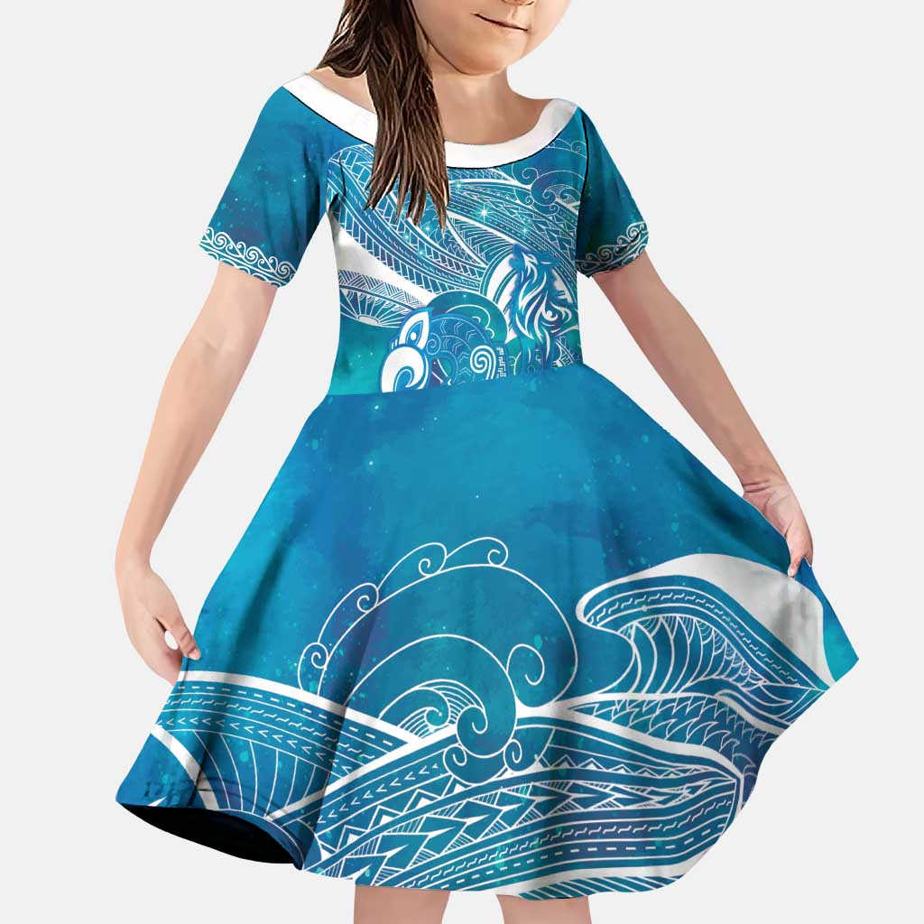 Kuri Dog Waka New Zealand Matariki Family Matching Long Sleeve Bodycon Dress and Hawaiian Shirt Ocean Sharks Maori Tattoo LT14 Daughter's Dress Blue - Polynesian Pride