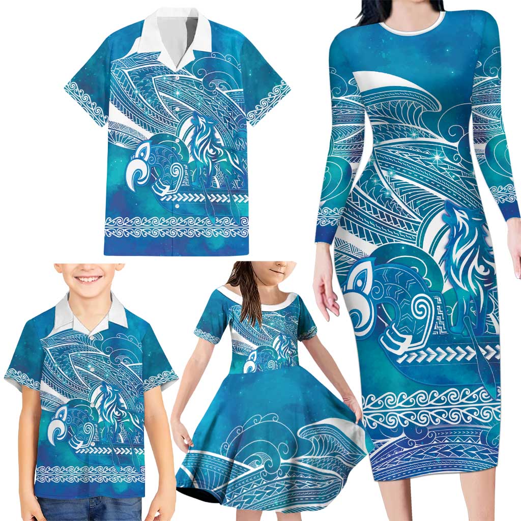 Kuri Dog Waka New Zealand Matariki Family Matching Long Sleeve Bodycon Dress and Hawaiian Shirt Ocean Sharks Maori Tattoo LT14 - Polynesian Pride