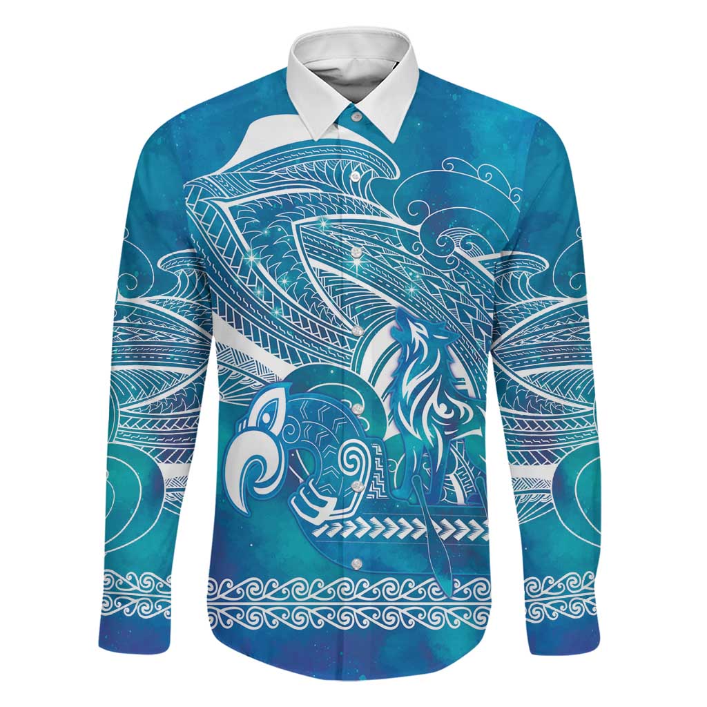 Kuri Dog Waka New Zealand Matariki Family Matching Long Sleeve Bodycon Dress and Hawaiian Shirt Ocean Sharks Maori Tattoo LT14 Dad's Shirt - Long Sleeve Blue - Polynesian Pride