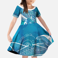 Kuri Dog Waka New Zealand Matariki Family Matching Off The Shoulder Long Sleeve Dress and Hawaiian Shirt Ocean Sharks Maori Tattoo LT14 Daughter's Dress Blue - Polynesian Pride