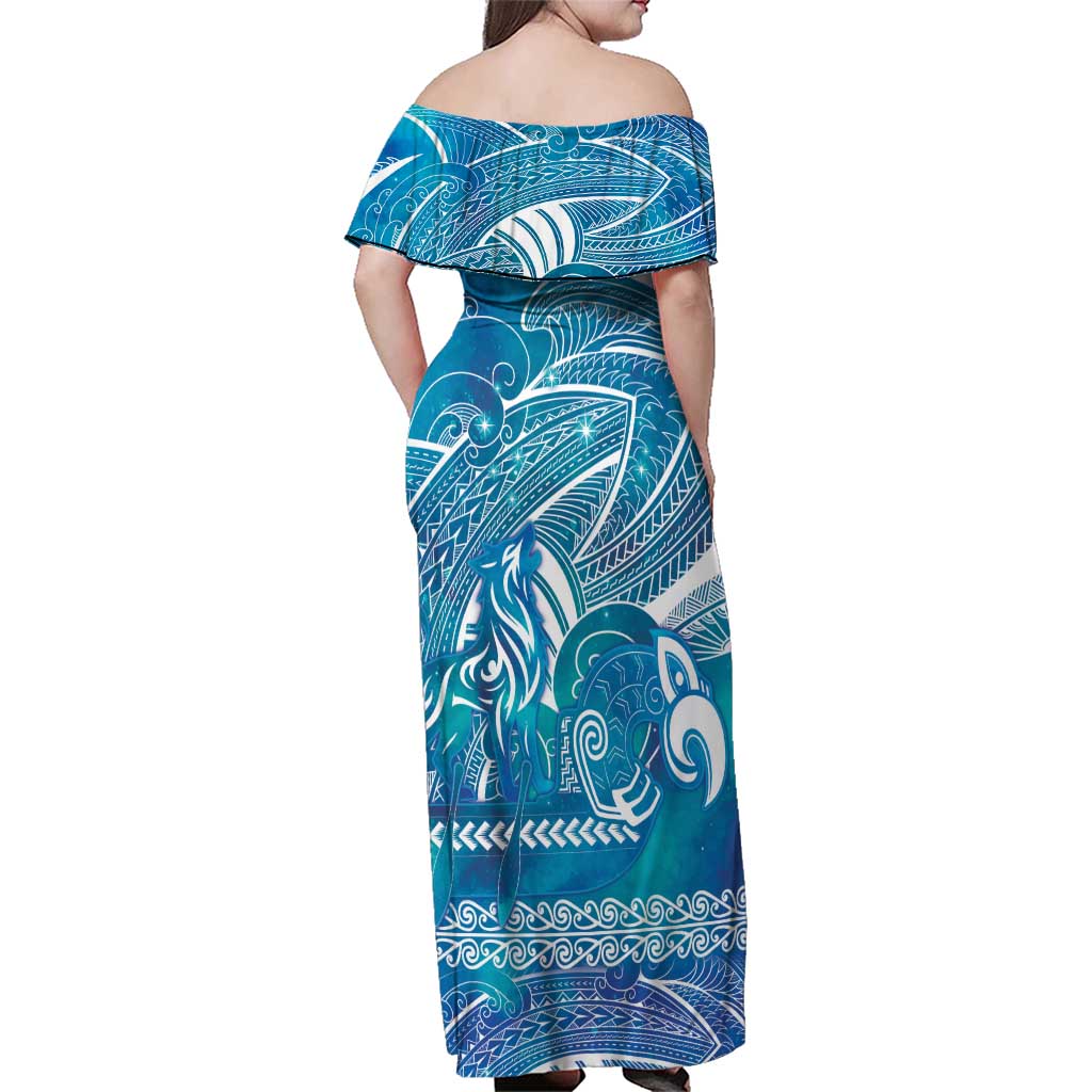 Kuri Dog Waka New Zealand Matariki Family Matching Off Shoulder Maxi Dress and Hawaiian Shirt Ocean Sharks Maori Tattoo LT14 - Polynesian Pride