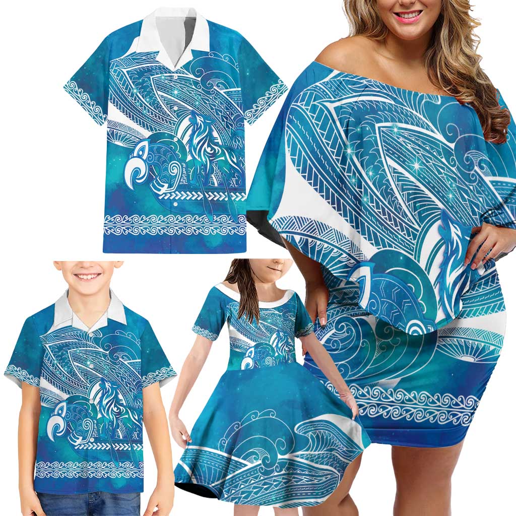 Kuri Dog Waka New Zealand Matariki Family Matching Off Shoulder Short Dress and Hawaiian Shirt Ocean Sharks Maori Tattoo