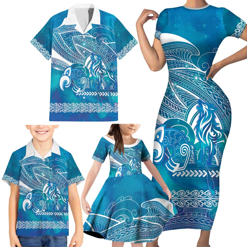 Kuri Dog Waka New Zealand Matariki Family Matching Short Sleeve Bodycon Dress and Hawaiian Shirt Ocean Sharks Maori Tattoo