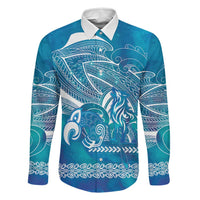 Kuri Dog Waka New Zealand Matariki Family Matching Short Sleeve Bodycon Dress and Hawaiian Shirt Ocean Sharks Maori Tattoo LT14 Dad's Shirt - Long Sleeve Blue - Polynesian Pride