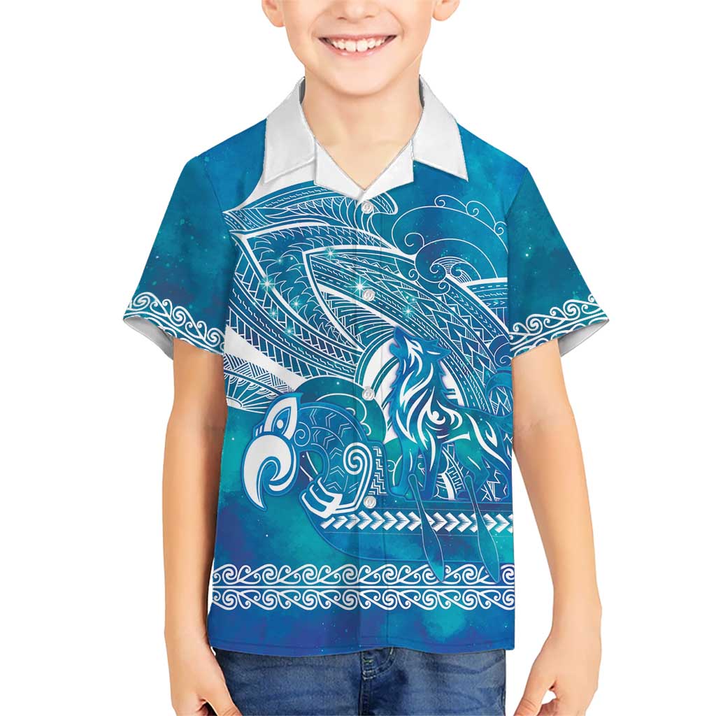 Kuri Dog Waka New Zealand Matariki Family Matching Tank Maxi Dress and Hawaiian Shirt Ocean Sharks Maori Tattoo LT14 Son's Shirt Blue - Polynesian Pride
