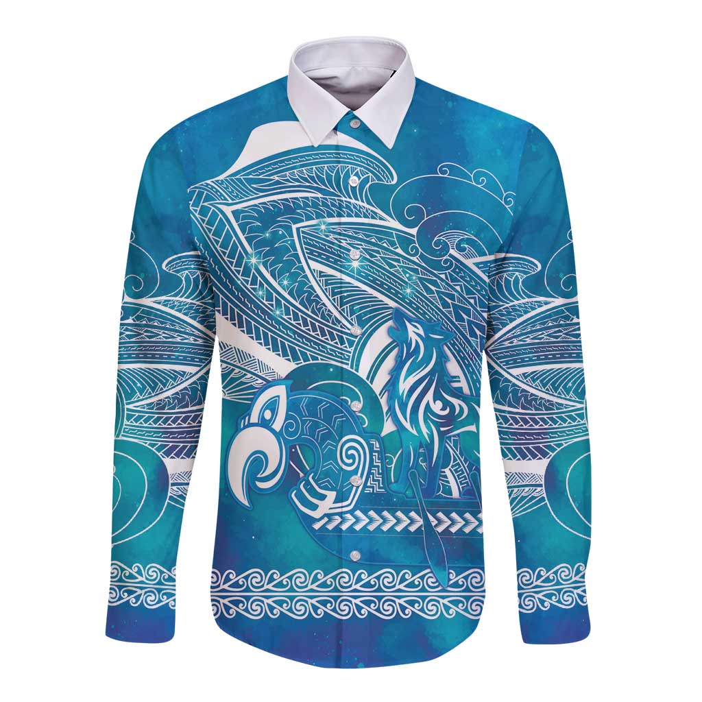 Kuri Dog Waka New Zealand Matariki Long Sleeve Button Shirt Ocean Sharks Maori Tattoo LT14 Unisex Blue - Polynesian Pride