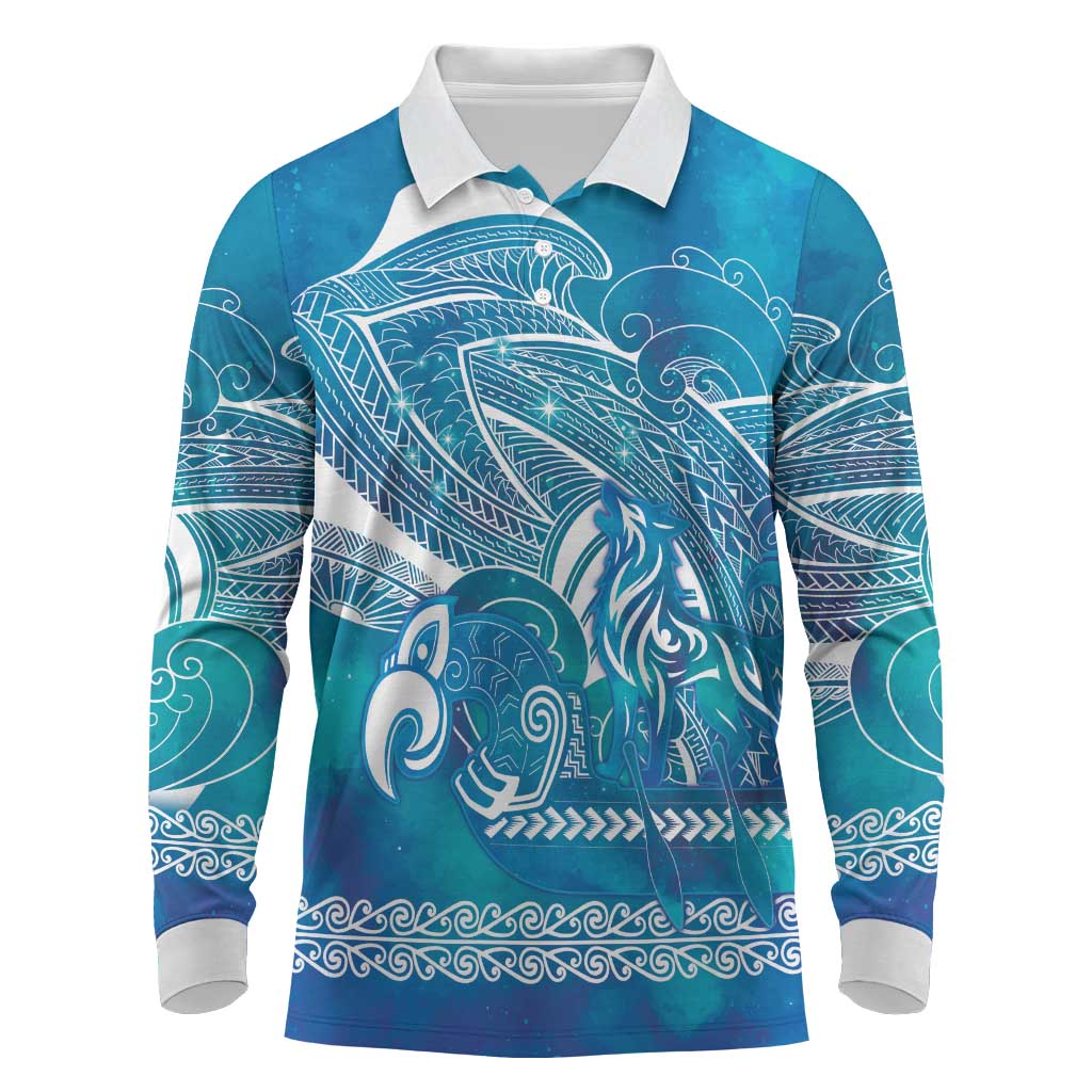 Kuri Dog Waka New Zealand Matariki Long Sleeve Polo Shirt Ocean Sharks Maori Tattoo LT14 Blue - Polynesian Pride