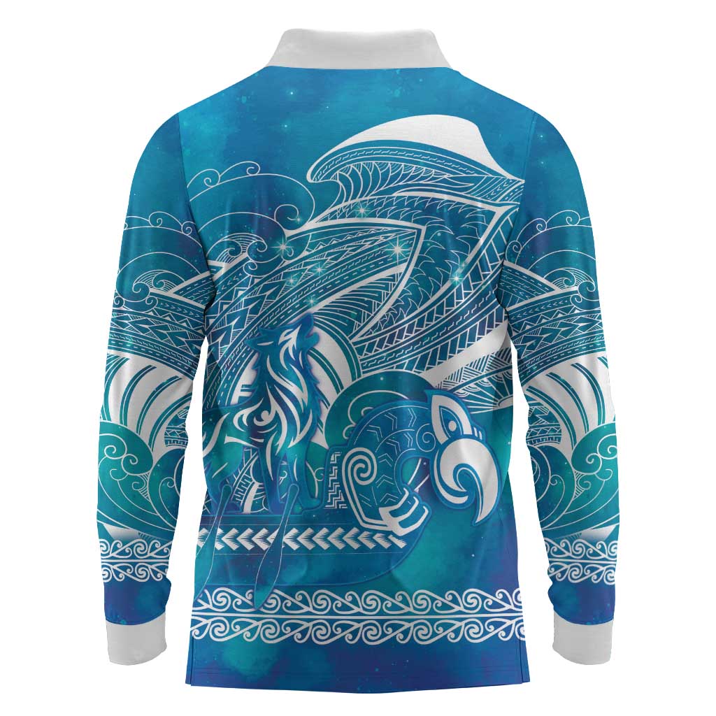 Kuri Dog Waka New Zealand Matariki Long Sleeve Polo Shirt Ocean Sharks Maori Tattoo LT14 - Polynesian Pride