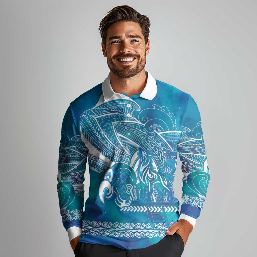 Kuri Dog Waka New Zealand Matariki Long Sleeve Polo Shirt Ocean Sharks Maori Tattoo LT14 - Polynesian Pride